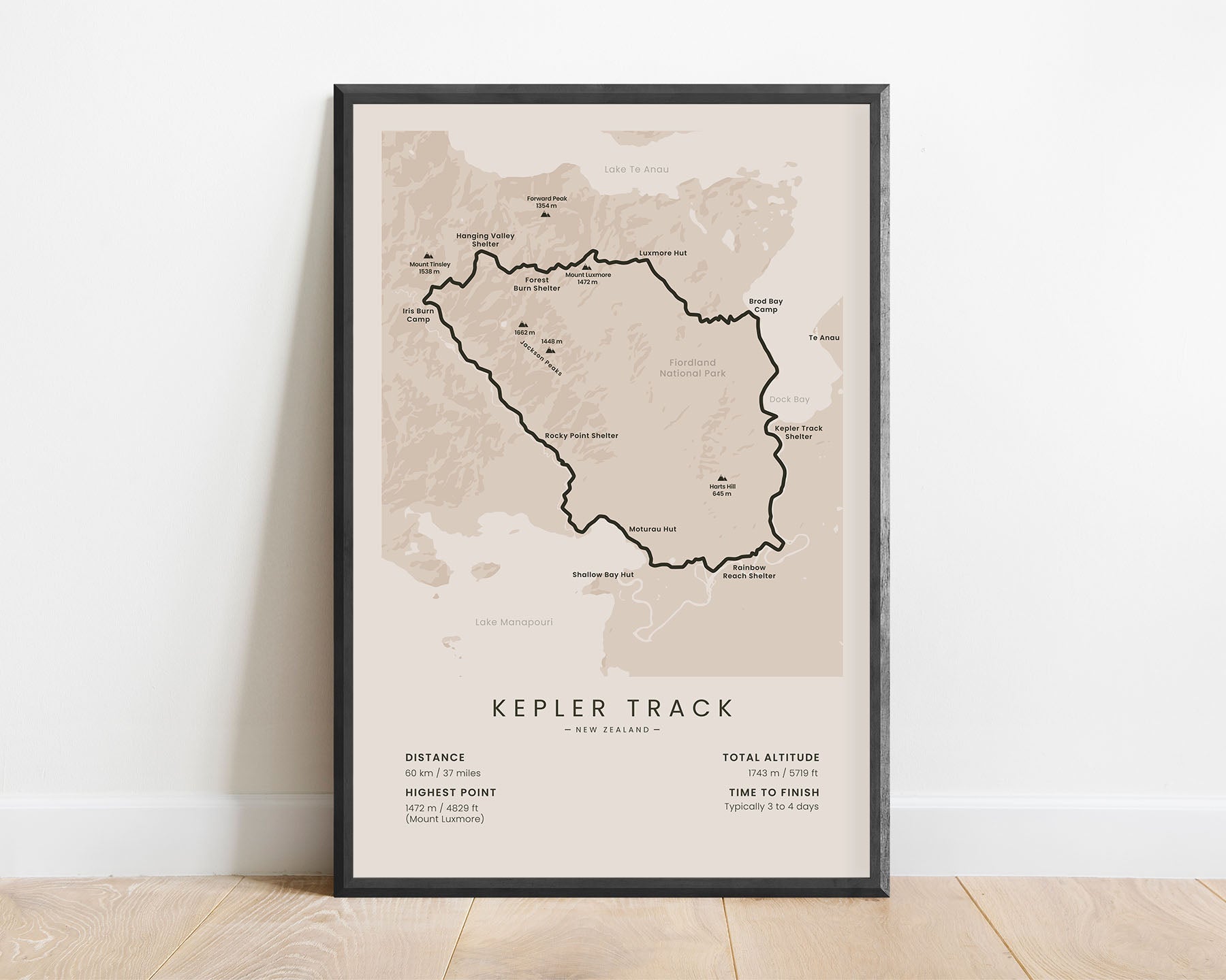 Kepler Track (New Zealand) trail wall art with beige background