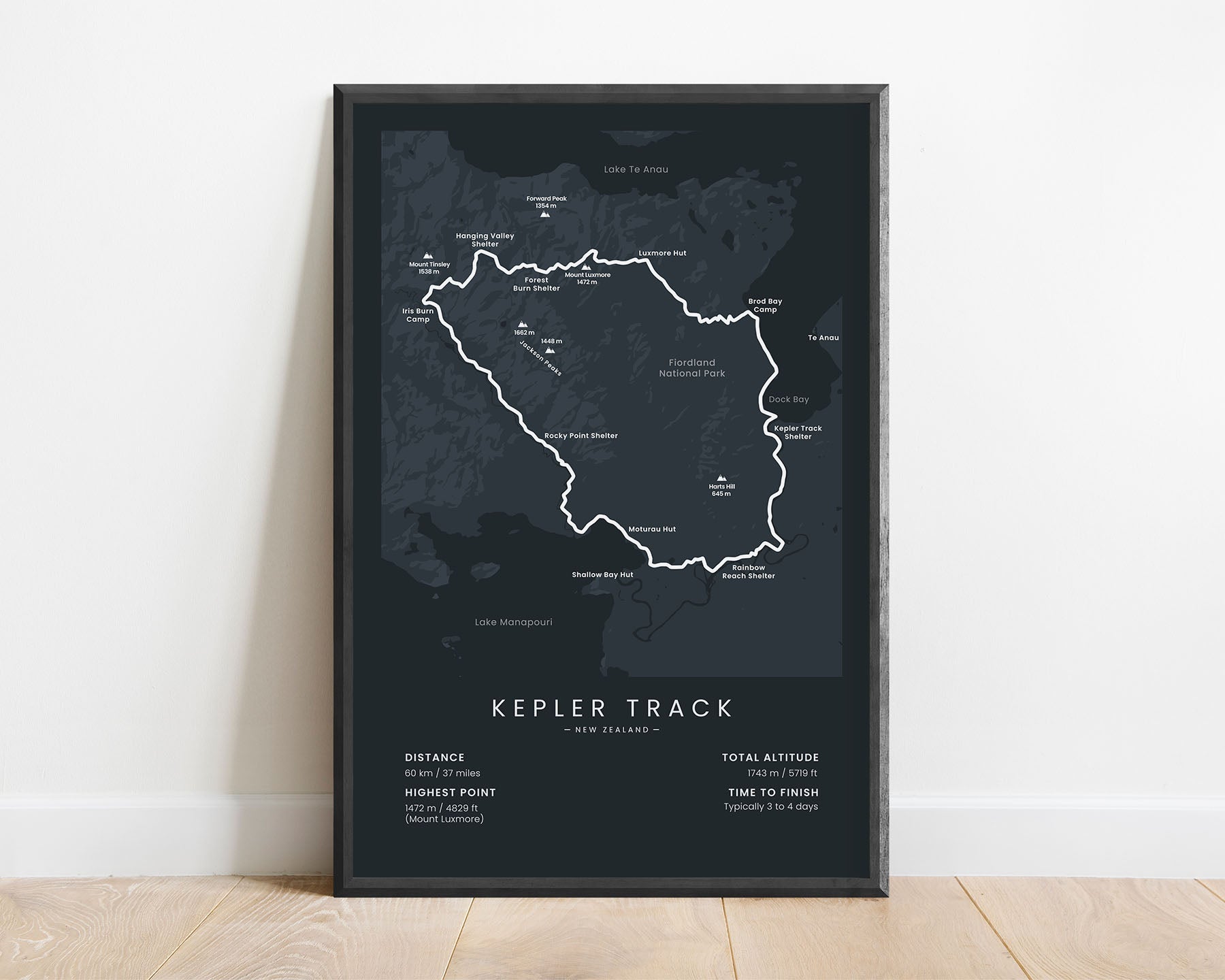 Kepler Track (South Island) hike poster with black background