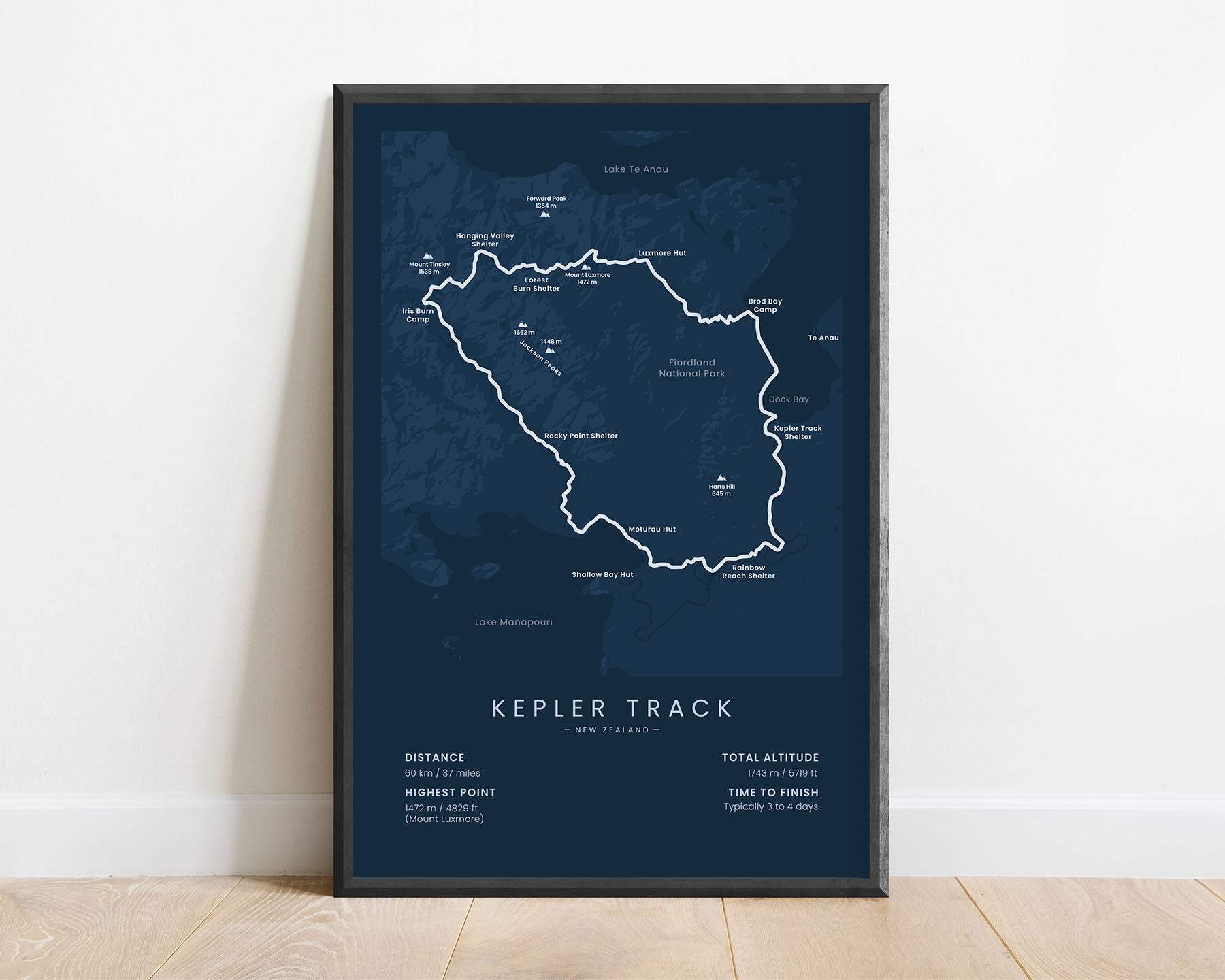 Kepler Track (Lake Te Anau) route print with blue background