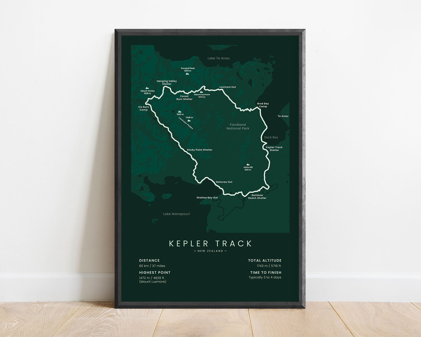 Kepler Track (Lake Manapouri) path wall map with green background
