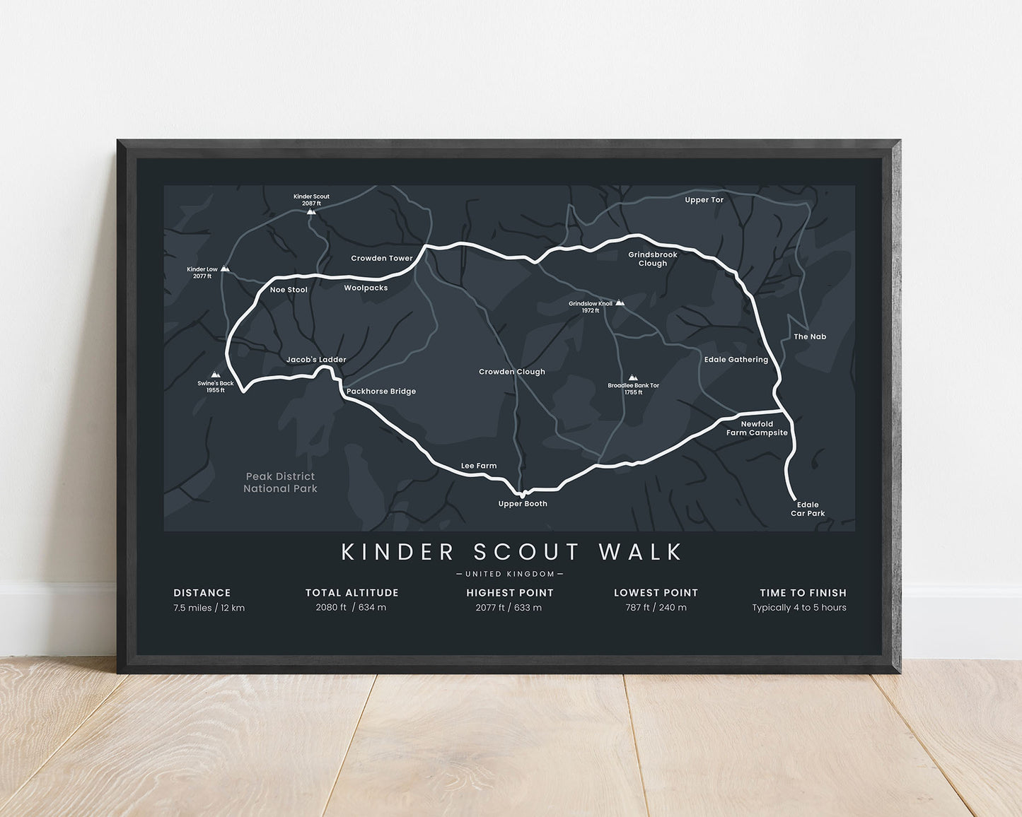 Kinder Scout Walk (England) trek wall map with black background