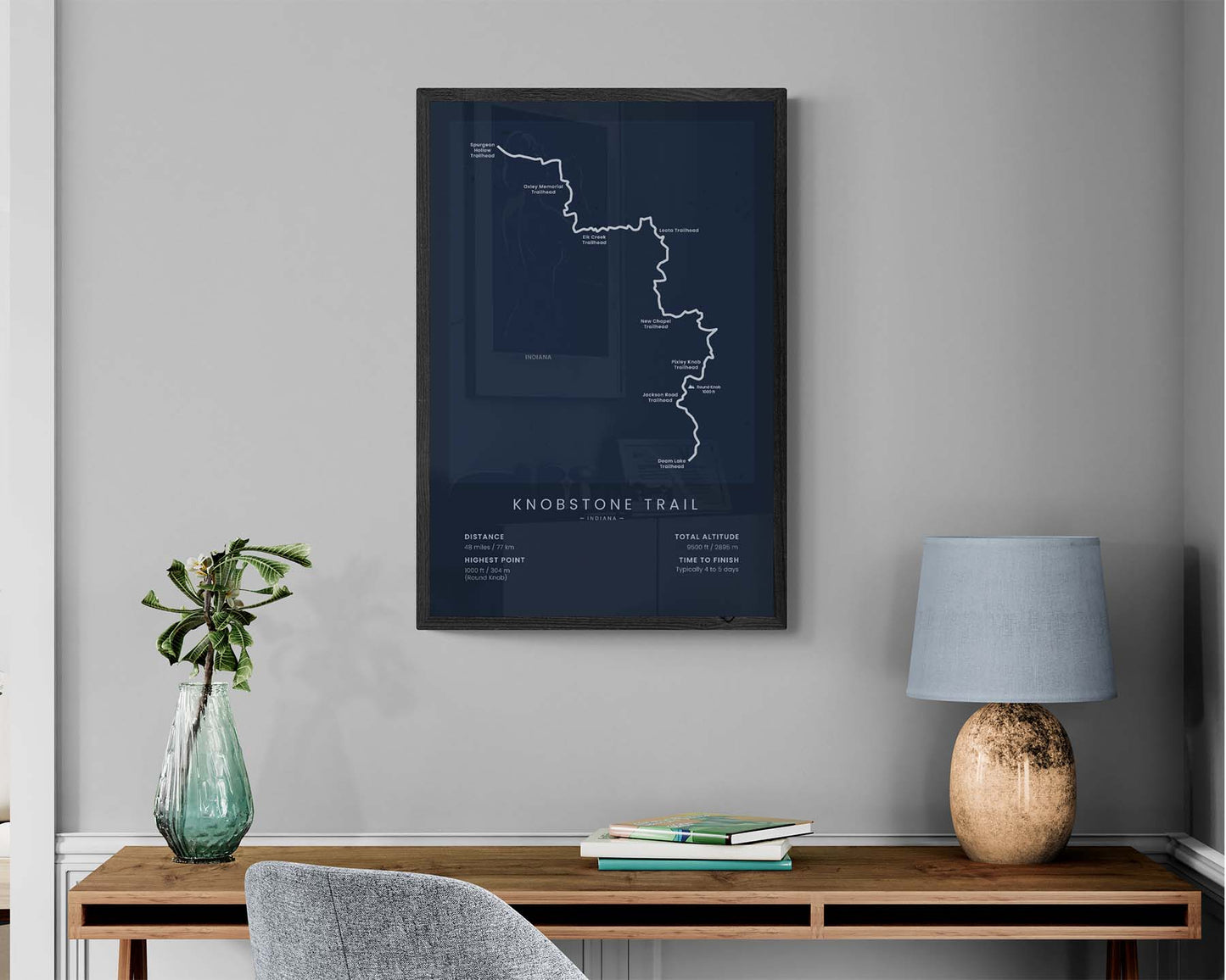Knobstone Trail (Indiana) Hike Wall Map in Minimal Interior Decor