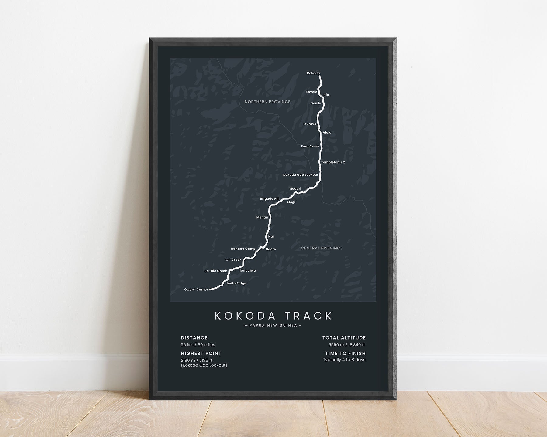 Kokoda Trail (Owen Stanley Range) route wall map with black background