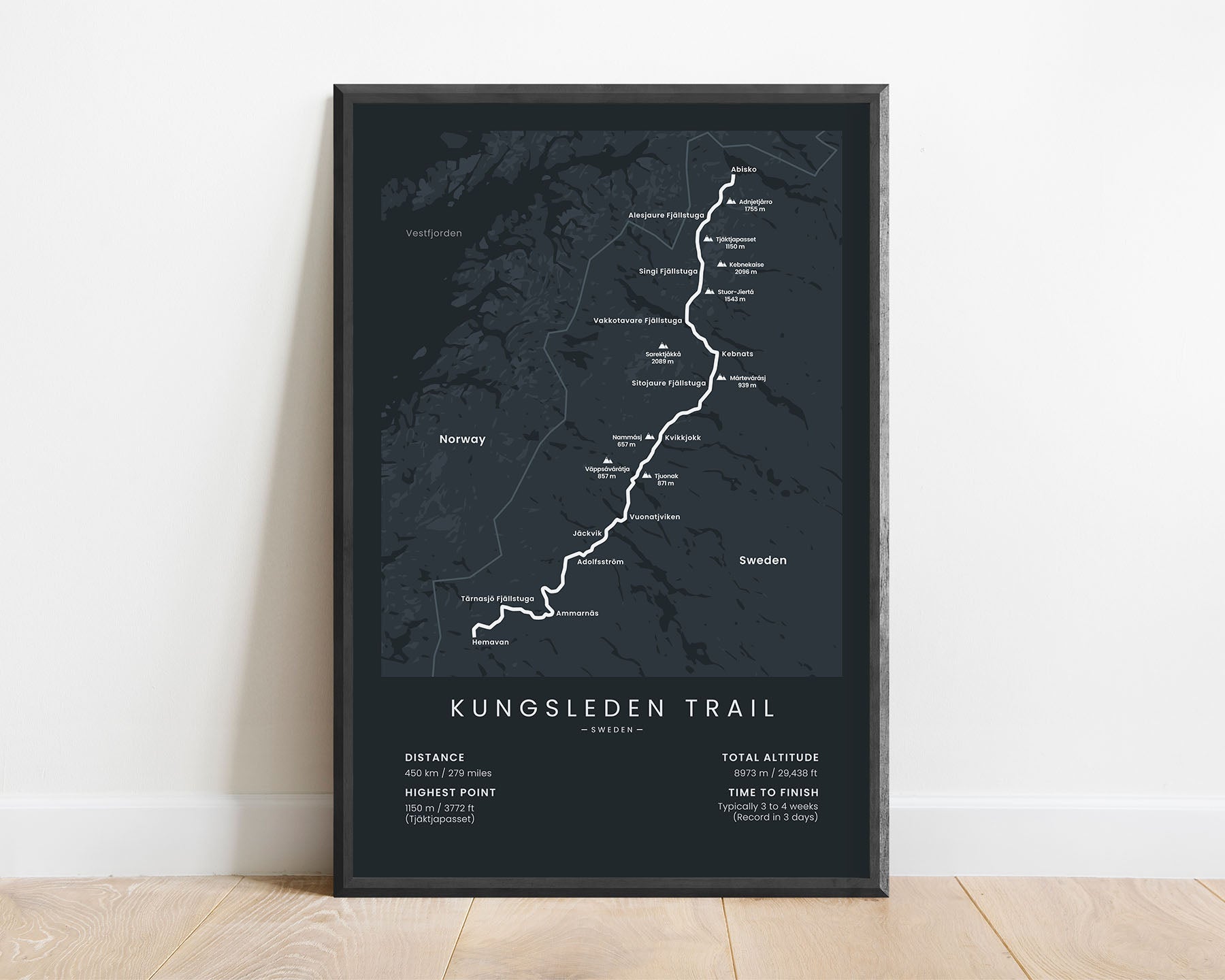 Kungsleden (Abisko to Hemavan) trail poster with black background
