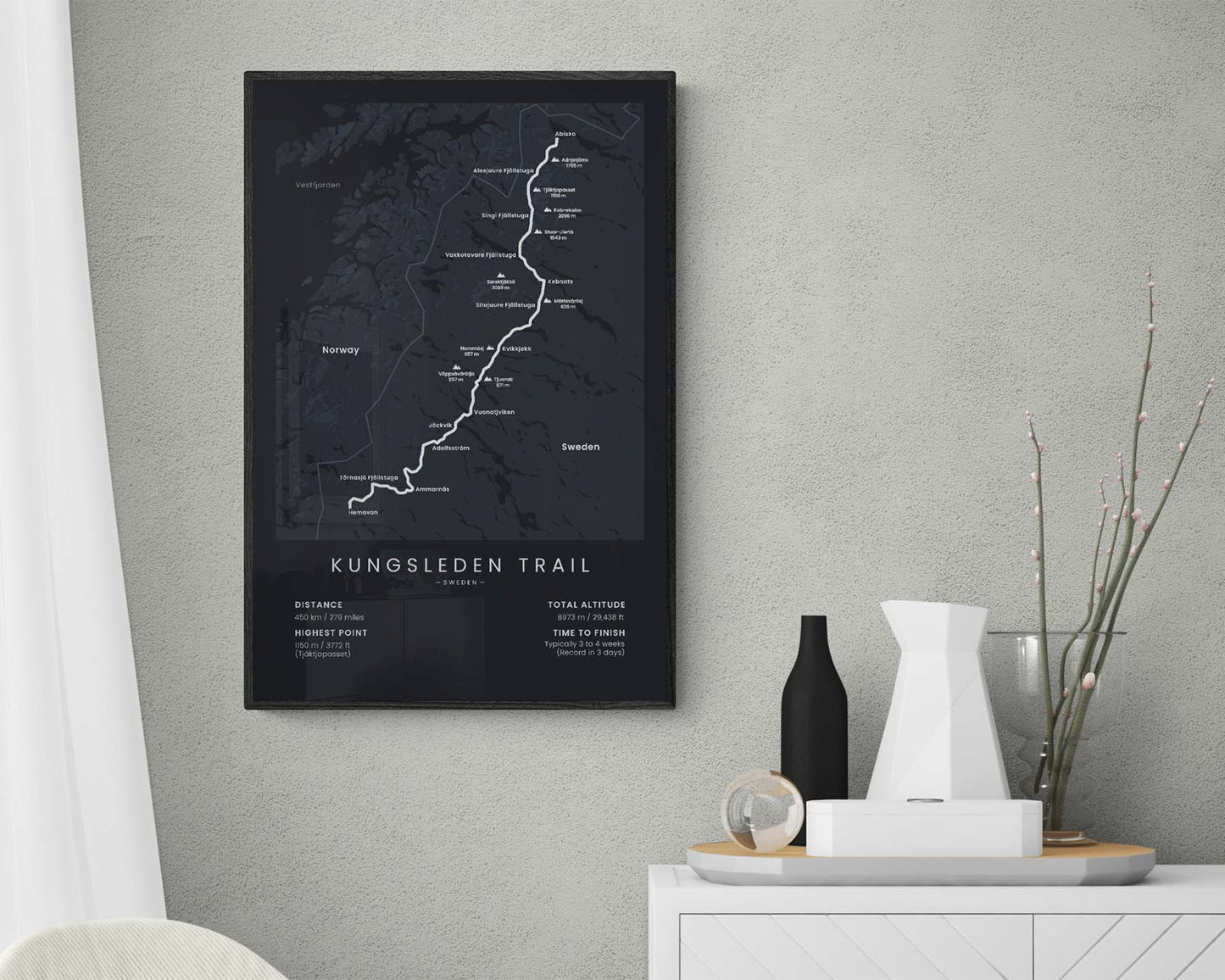 Kungsleden (Swedish Lapland) path wall art in minimal room decor