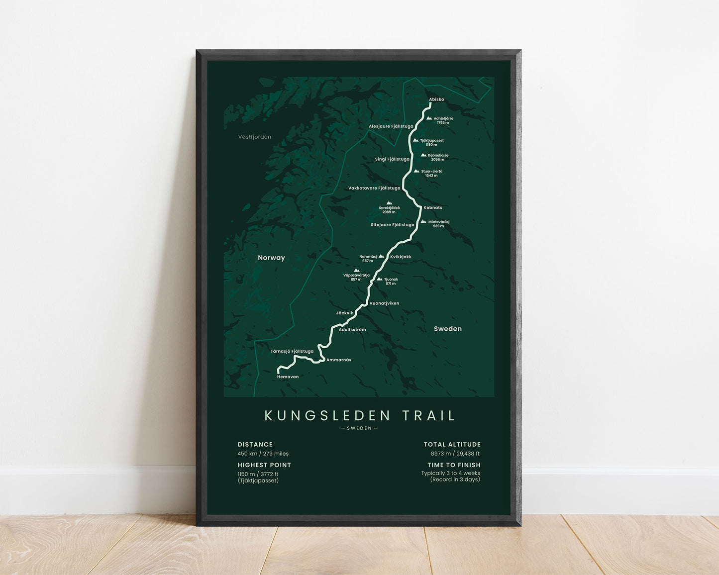 Kungsleden (Vindelfjällen Nature Reserve) thru hike print with green background