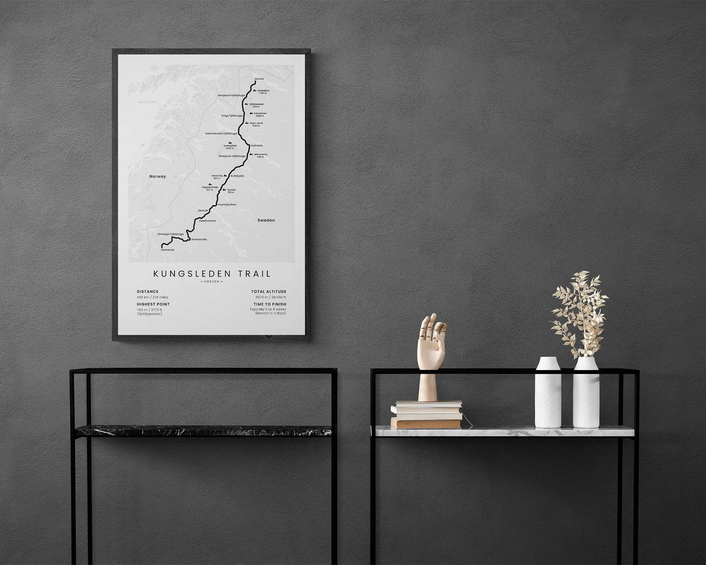 The King's Trail (Abisko to Hemavan) track art in minimal room decor