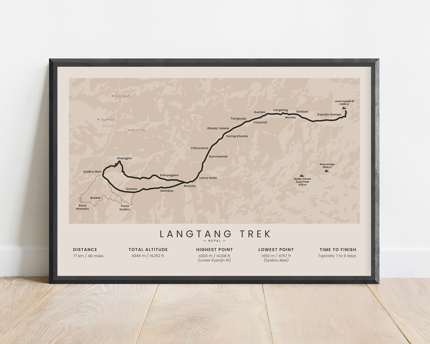 Langtang Trek (Nepal, Himalayas) route wall map with beige background