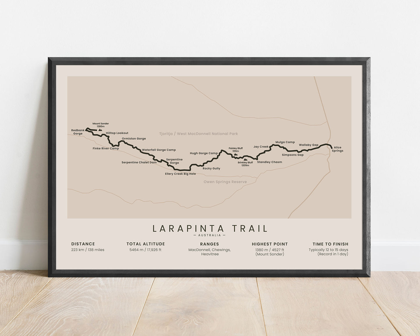 Larapinta (Alice Springs to Mount Sonder) Thru Hike Wall Art with Beige Background