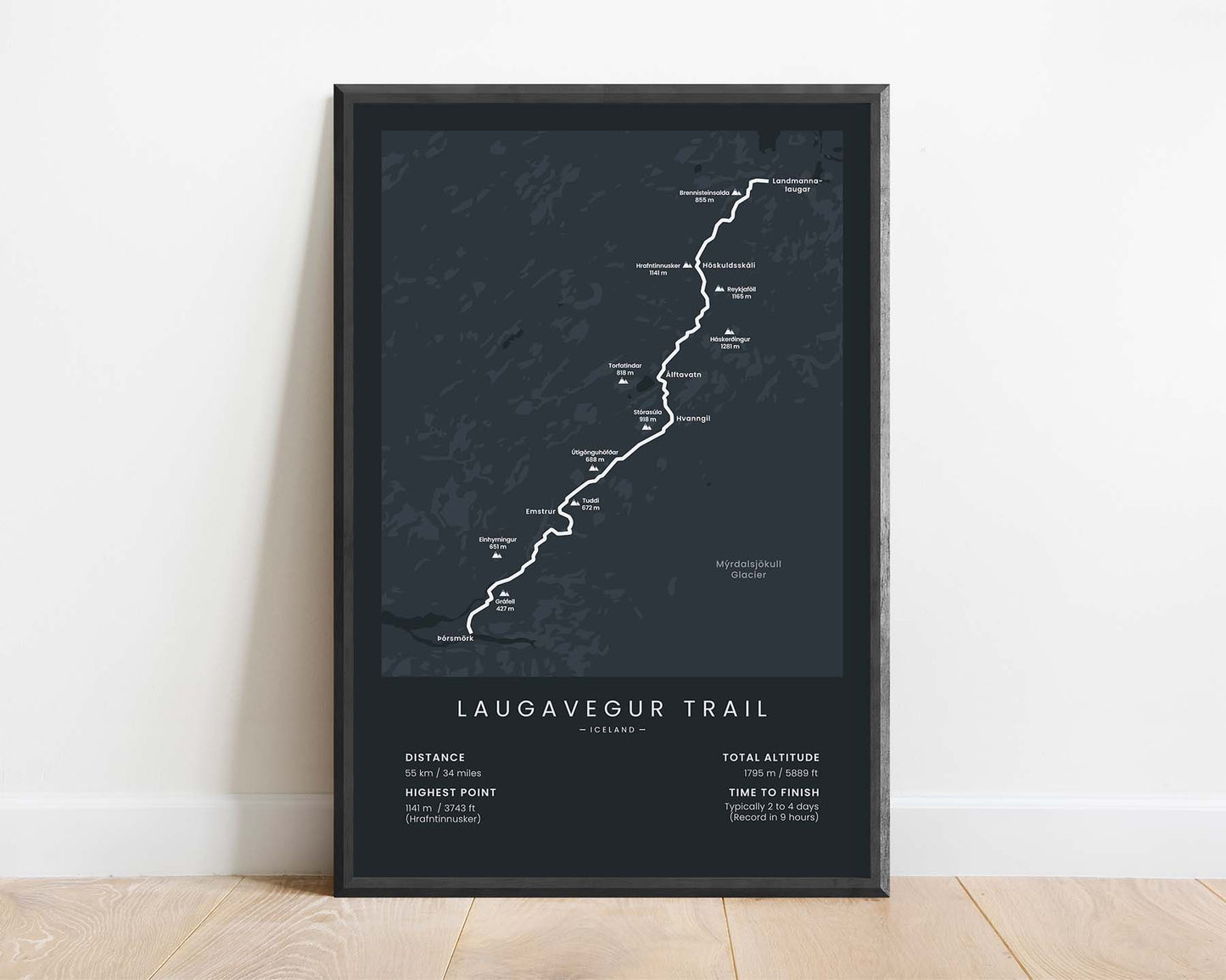 Laugavegur Trail in Thorsmork (Iceland) Hike Wall Map with Black Background