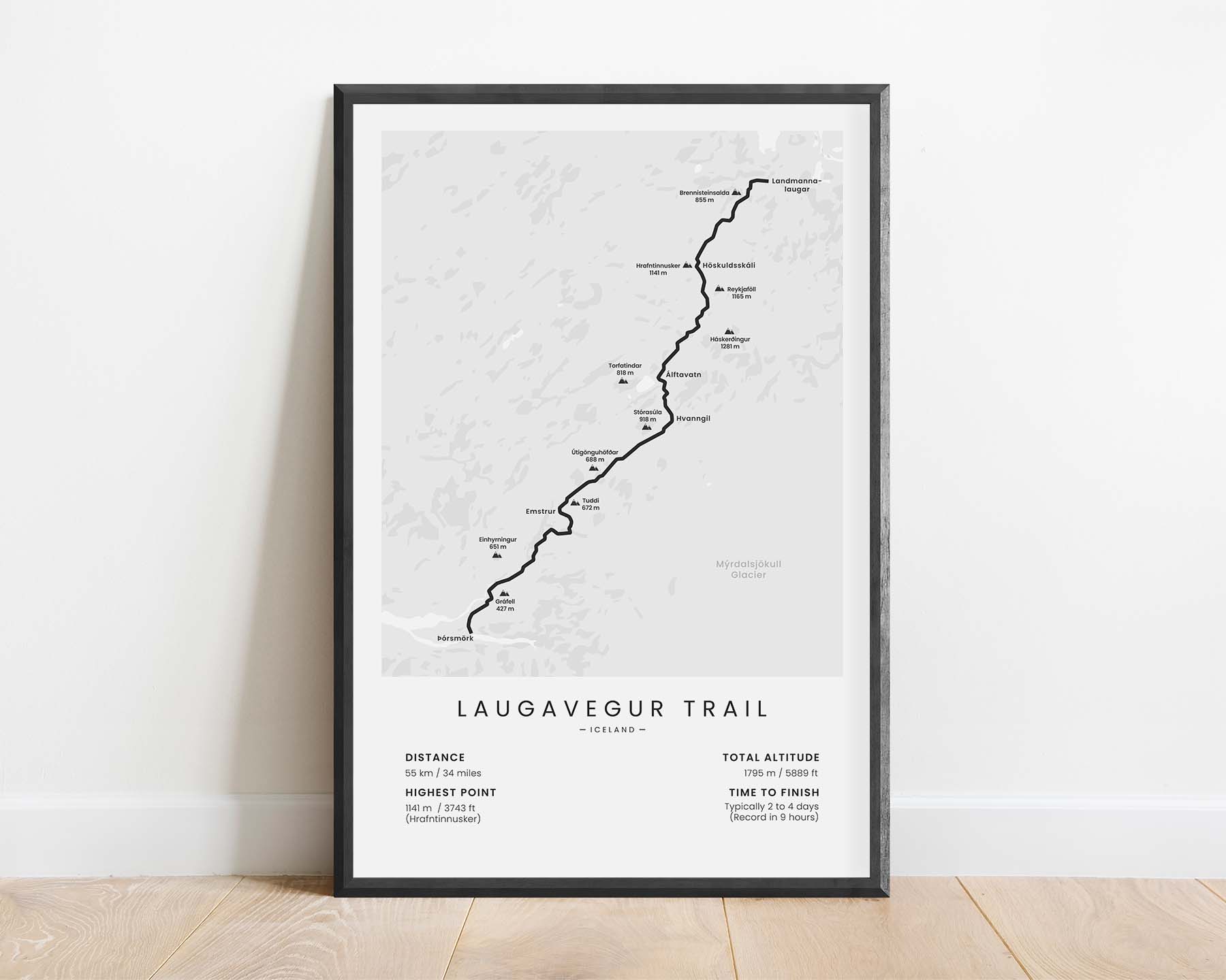 Laugavegur Trail (Fjallabak Nature Reserve) Thru-Hike Map Art with White Background