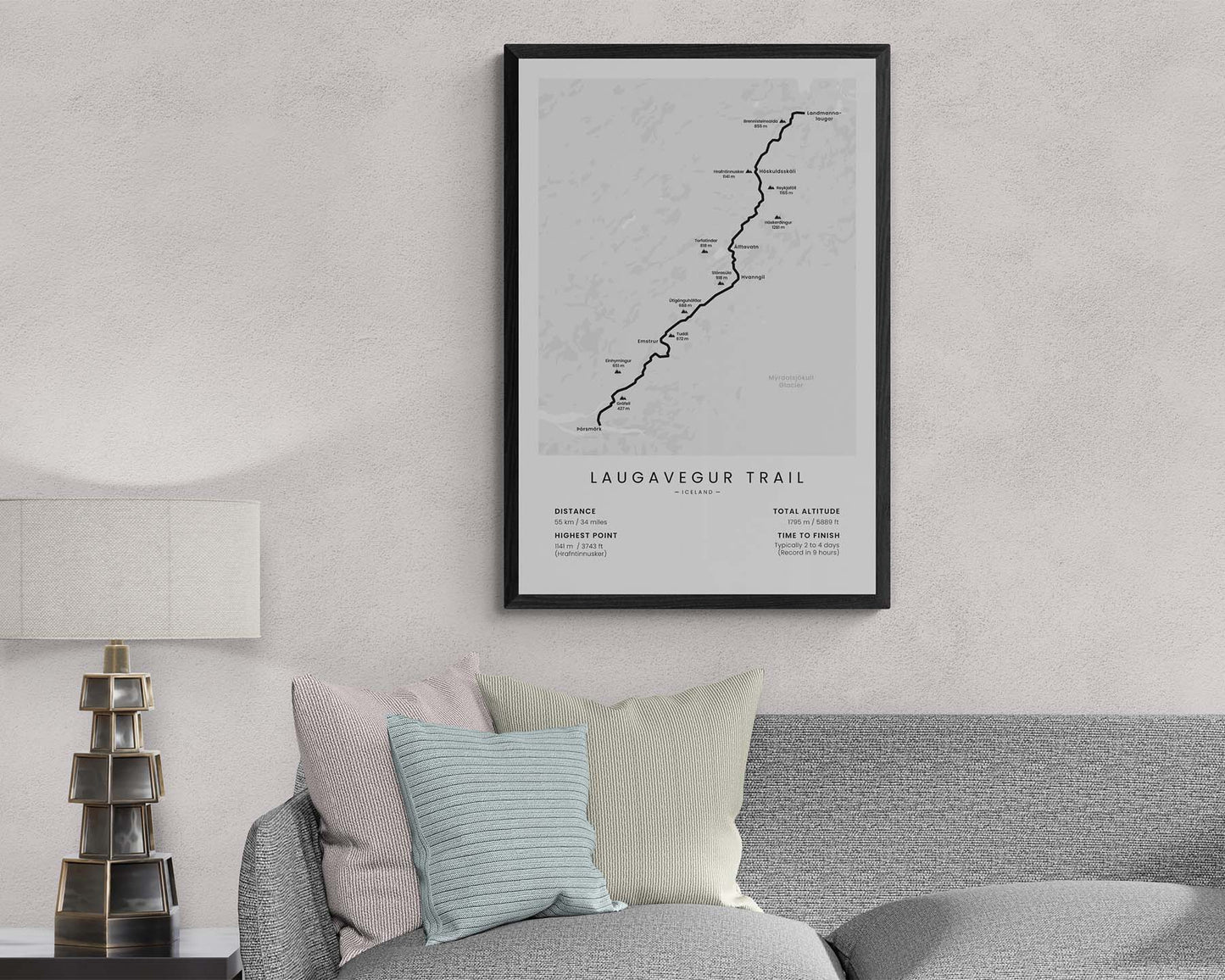 Laugavegur Trail in Thorsmork (Iceland) Trail Map Art in Minimal Room Decor
