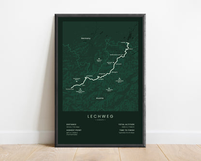 Lechweg (Tyrol) Thru-Hike Map Art with Green Background