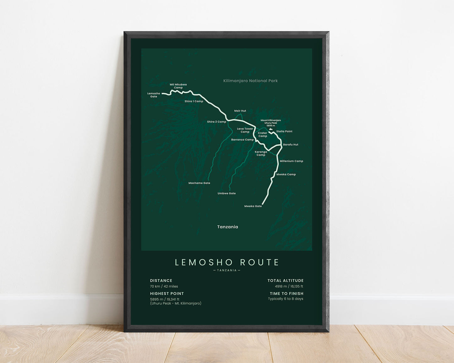 Lemosho Route (Tanzania) Track Map Art with Green Background