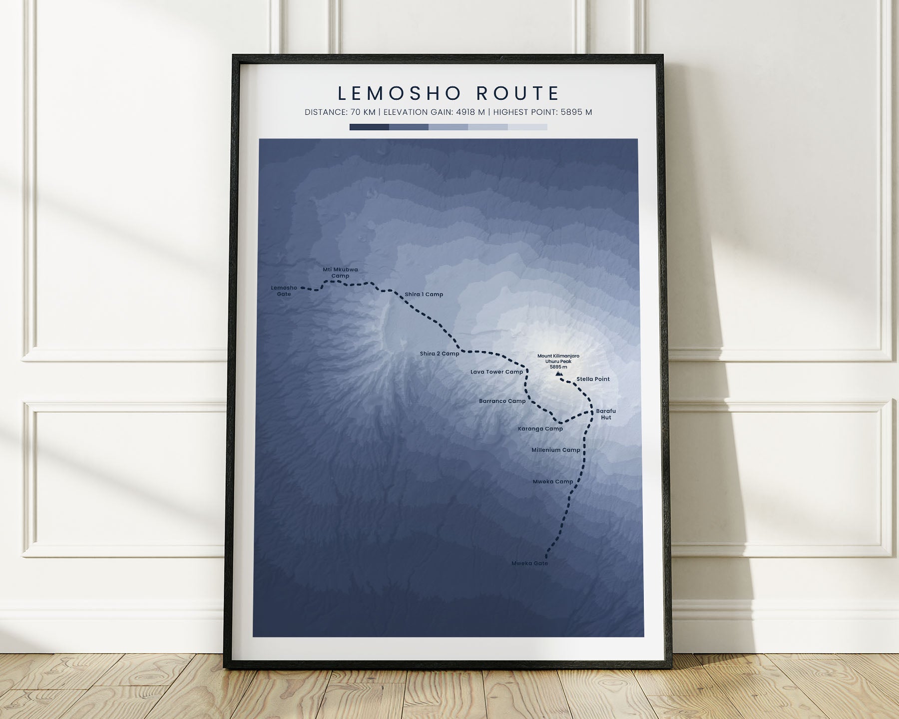 Mount Kilimanjaro (Machame Route) Hiking Gift Print with Minimal Blue Background