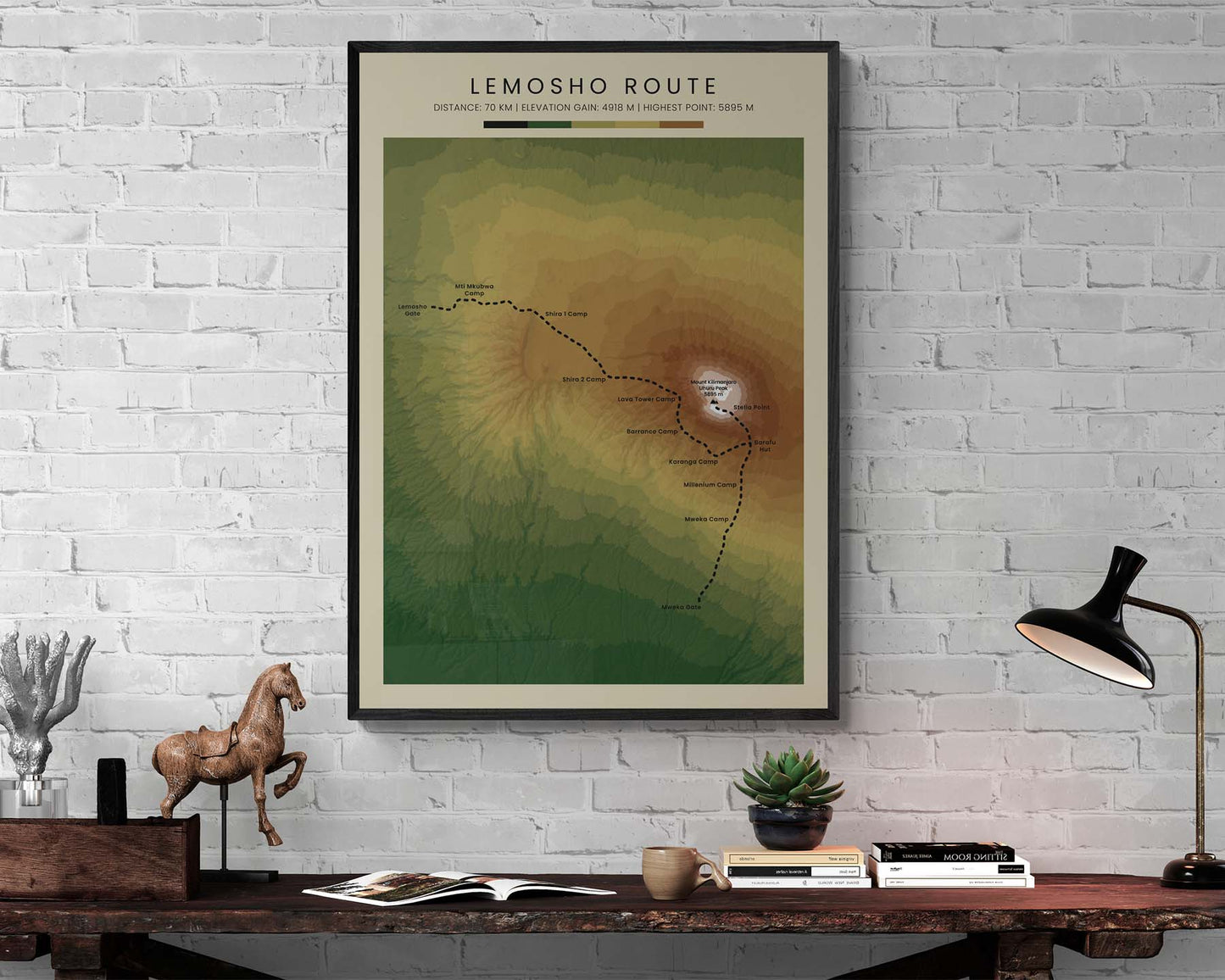 Lemosho Route (Tanzania) Path Wall Art with Contour Map in Modern Interior Decor