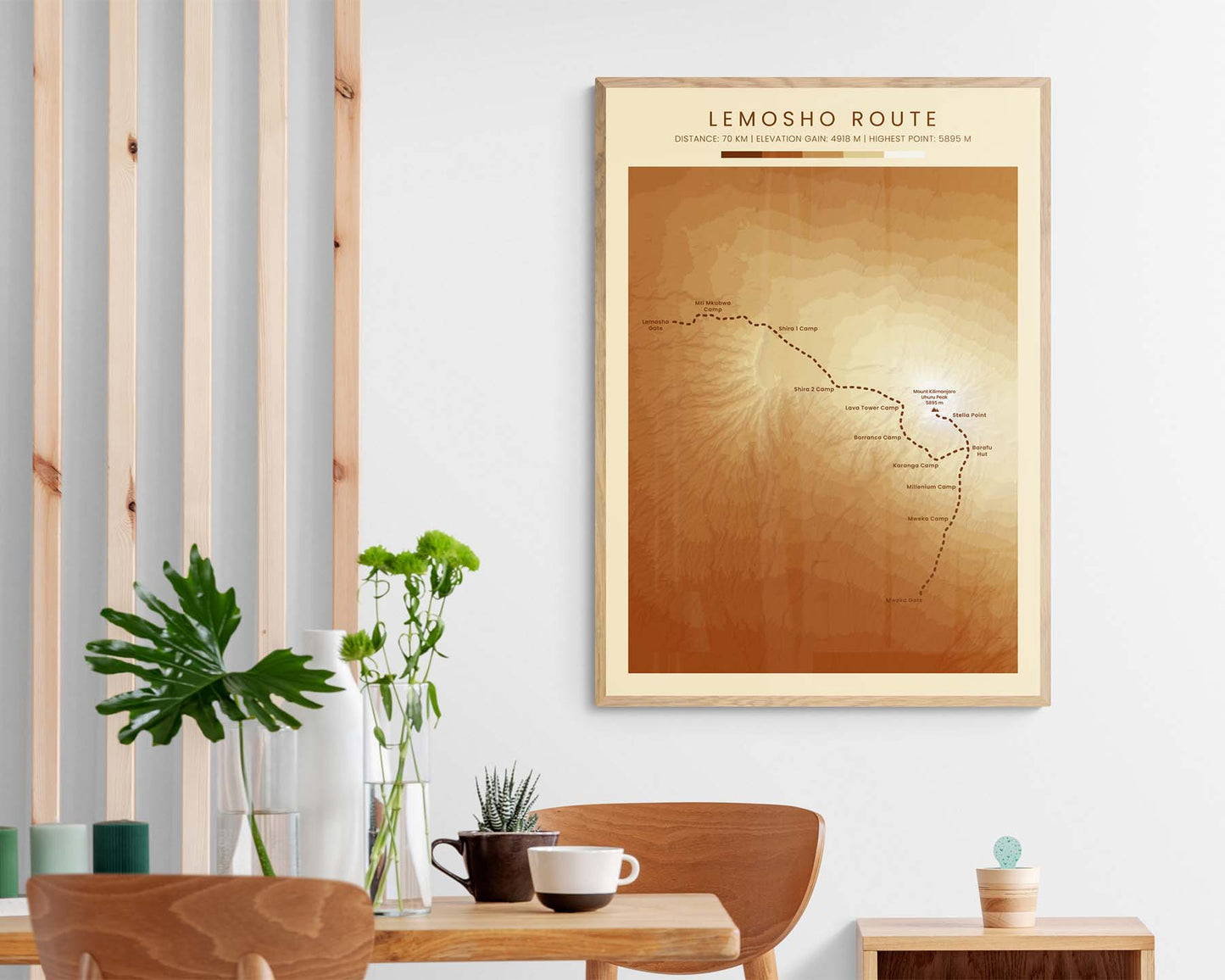 Lemosho Route (Tanzania) Walk Wall Art Decor with Shaded Relief Map in Modern Dining Room Decor