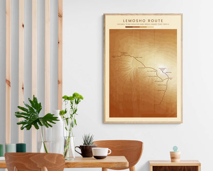 Lemosho Route (Tanzania) Walk Wall Art Decor with Shaded Relief Map in Modern Dining Room Decor