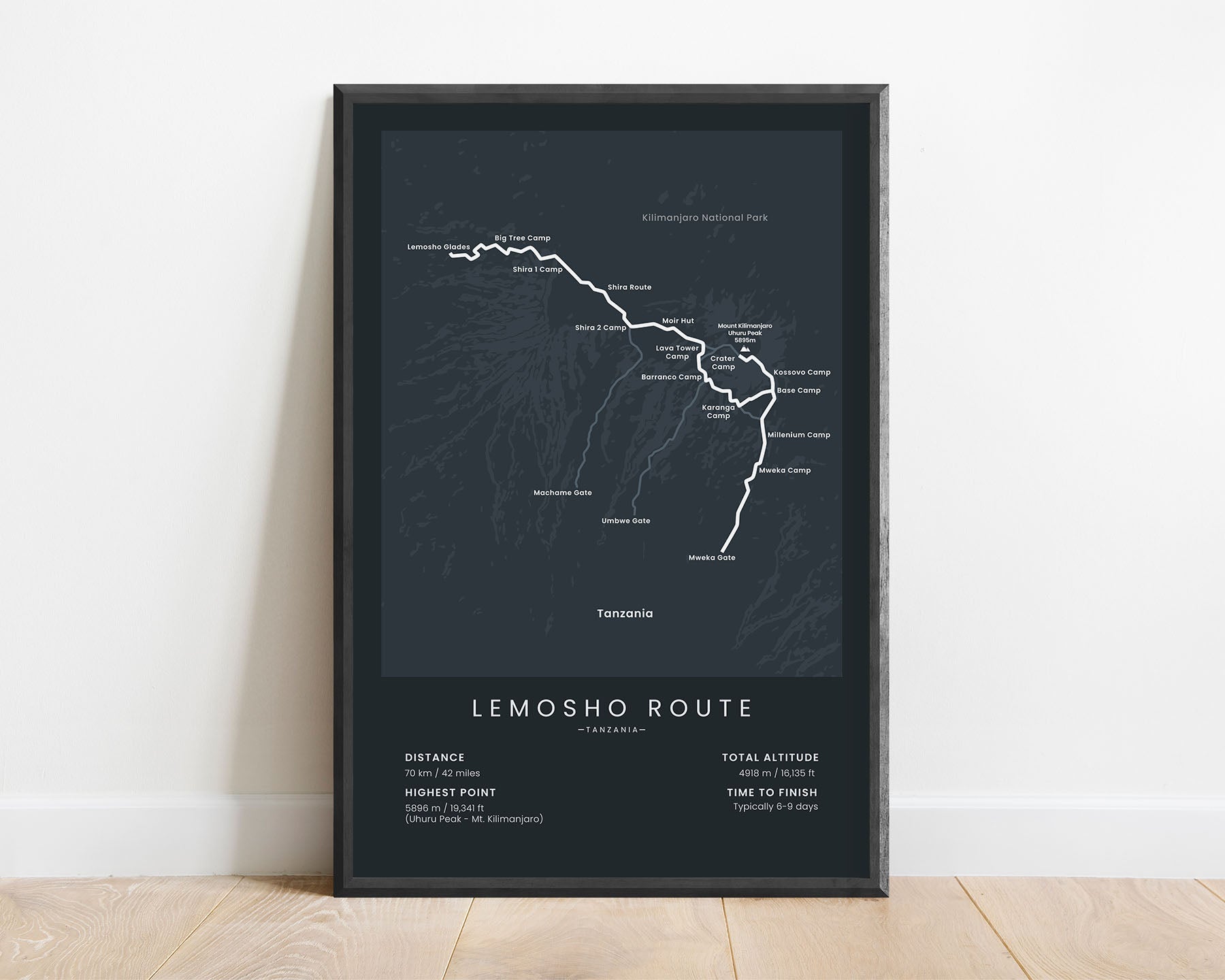 Lemosho Route (Tanzania) Hiking Trail Print with Black Background