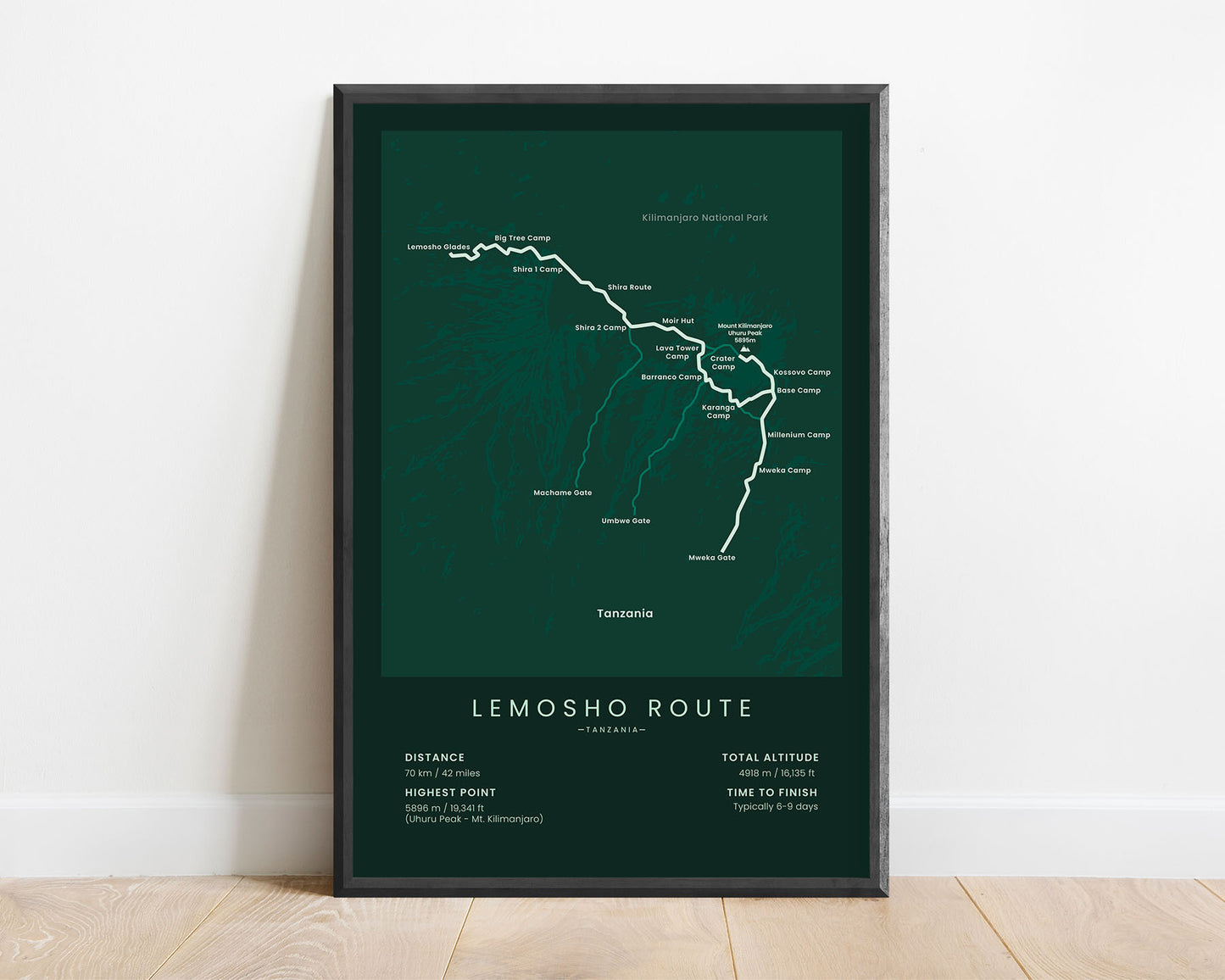 Lemosho Route (Tanzania) Track Poster with Green Background