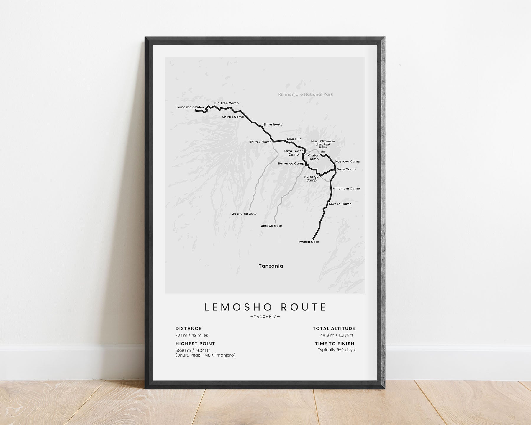 Lemosho Route (Tanzania) Hike Wall Map with White Background