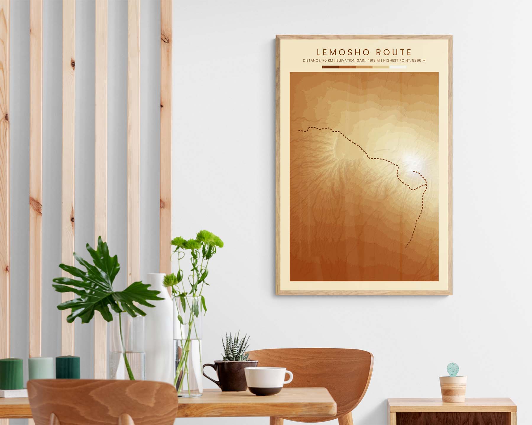 Mount Kilimanjaro (Machame Route) Trail Art with Topographic Map in Modern Room Decor