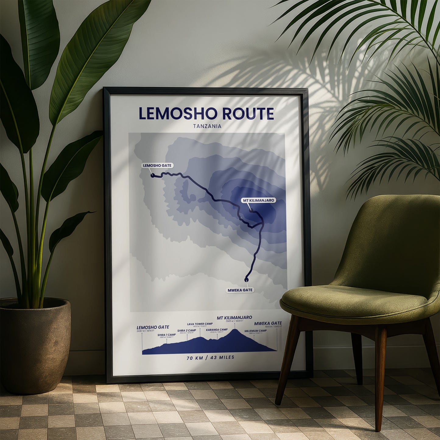 Mount Kilimanjaro (Lemosho Route) Contour Map Poster Print with Blue Background