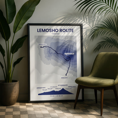 Mount Kilimanjaro (Lemosho Route) Contour Map Poster Print with Blue Background