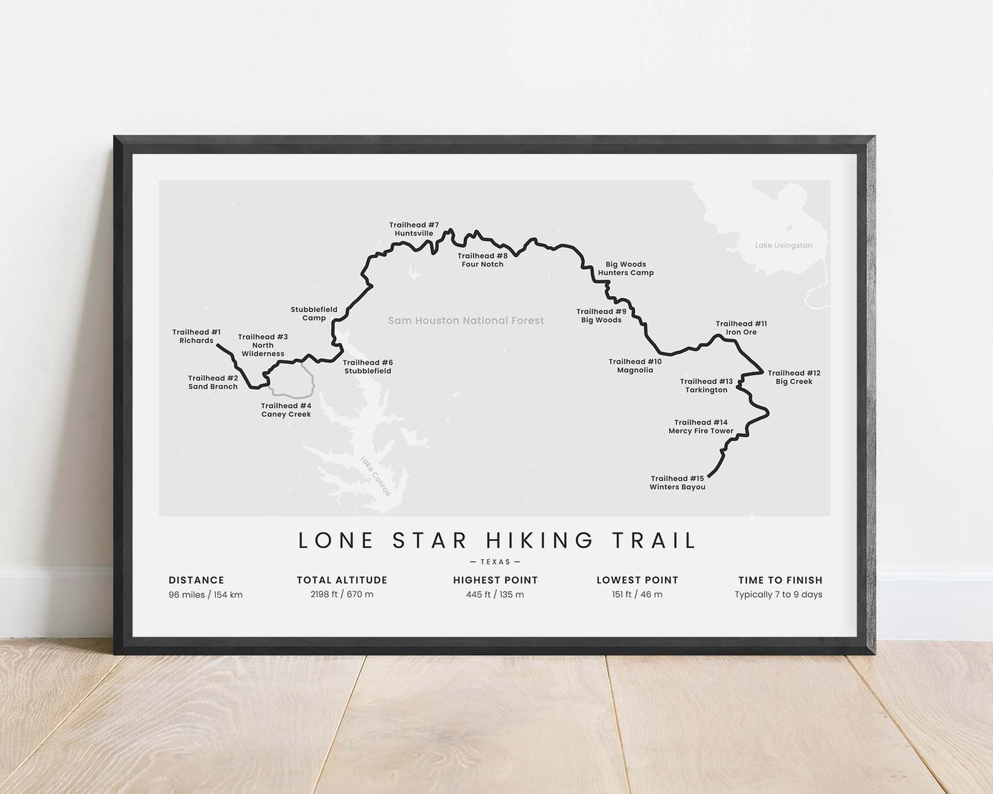 Lone Star Hiking Trail (Sam Houston National Forest) Thru Hike Wall Map with White Background