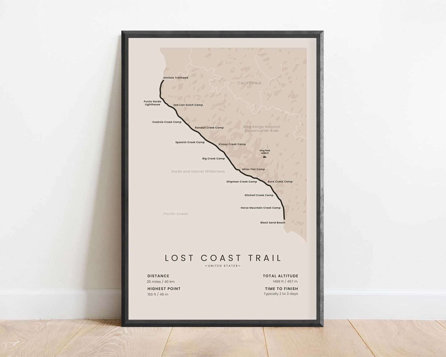 Lost Coast Trail (California, King Range Conservation Area, Mattole to Black Sand Beach, United States) Route Wall Map with Beige Background