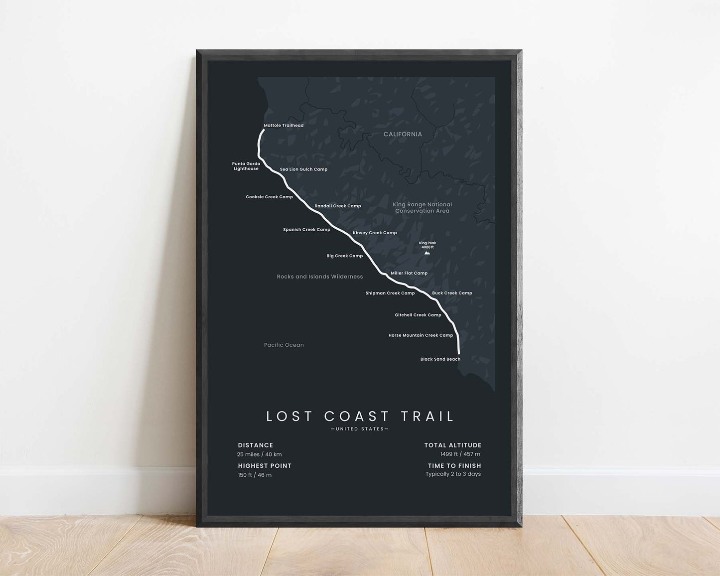 Lost Coast Trail (King Range Conservation Area, United States, California, Mattole to Black Sand Beach) Path Wall Art with Black Background