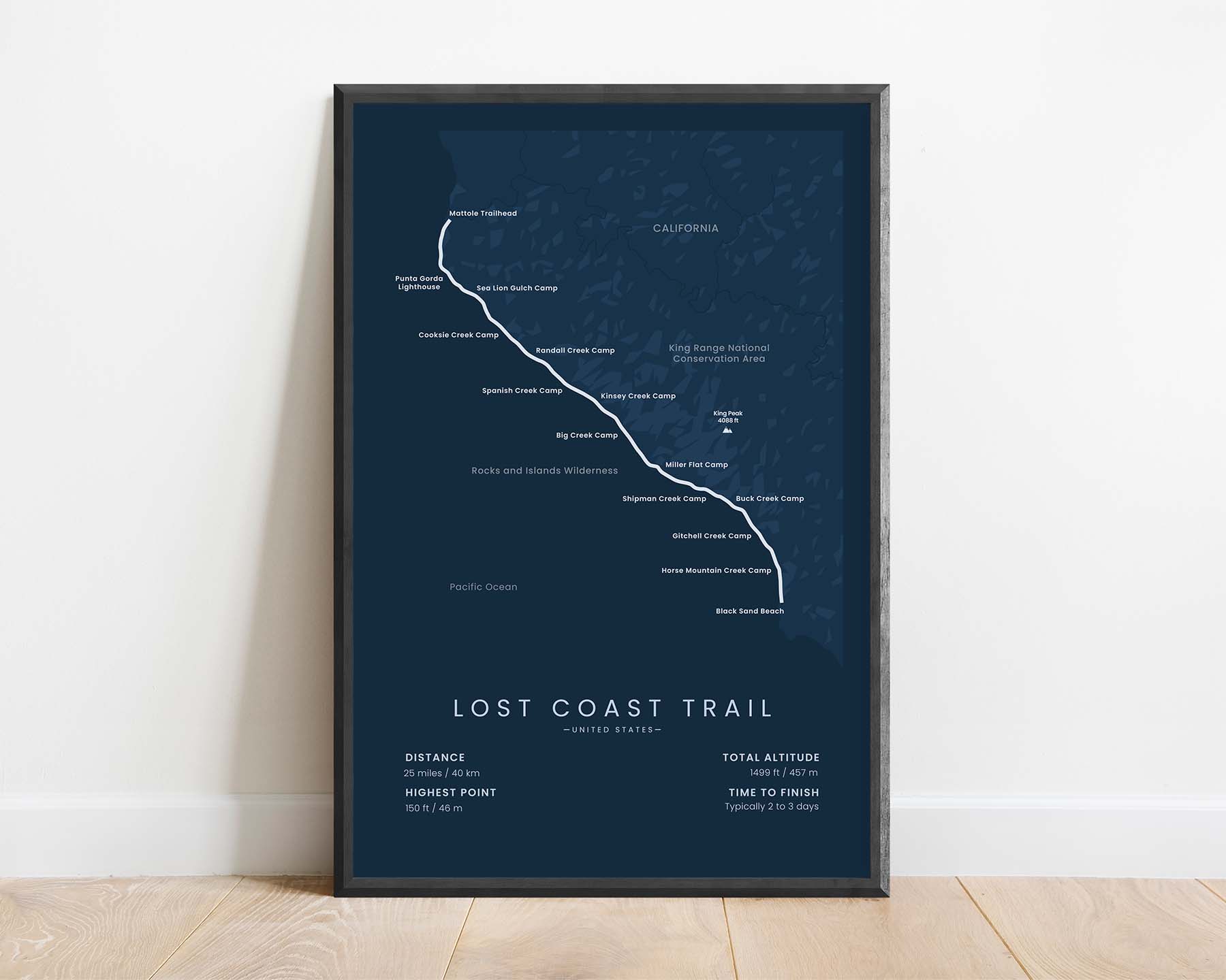 Lost Coast Trail (Mattole to Black Sand Beach, California, King Range Conservation Area, United States) Trail Print with Blue Background