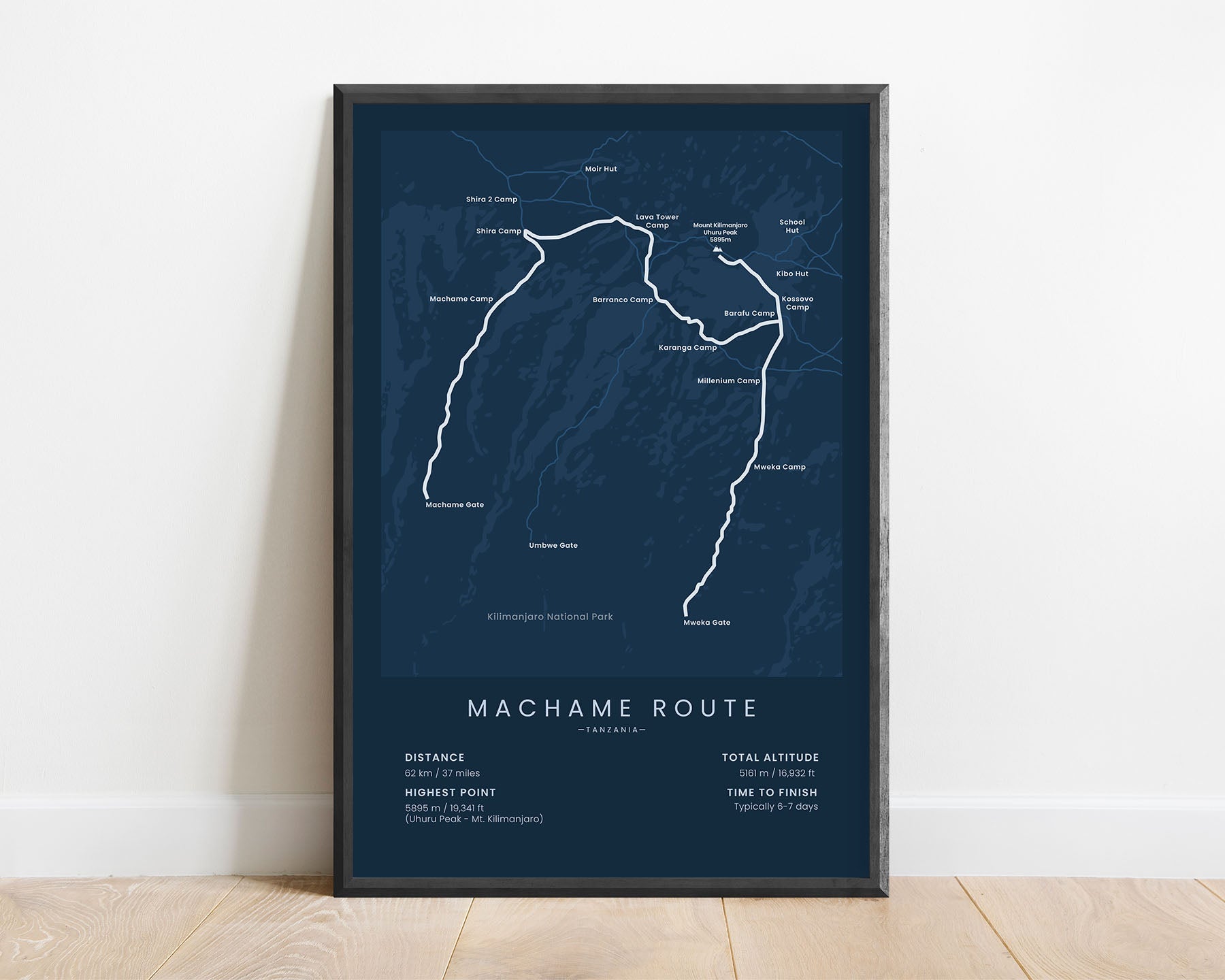 Machame Mt Kilimanjaro Summit (Africa) trail map art with blue background