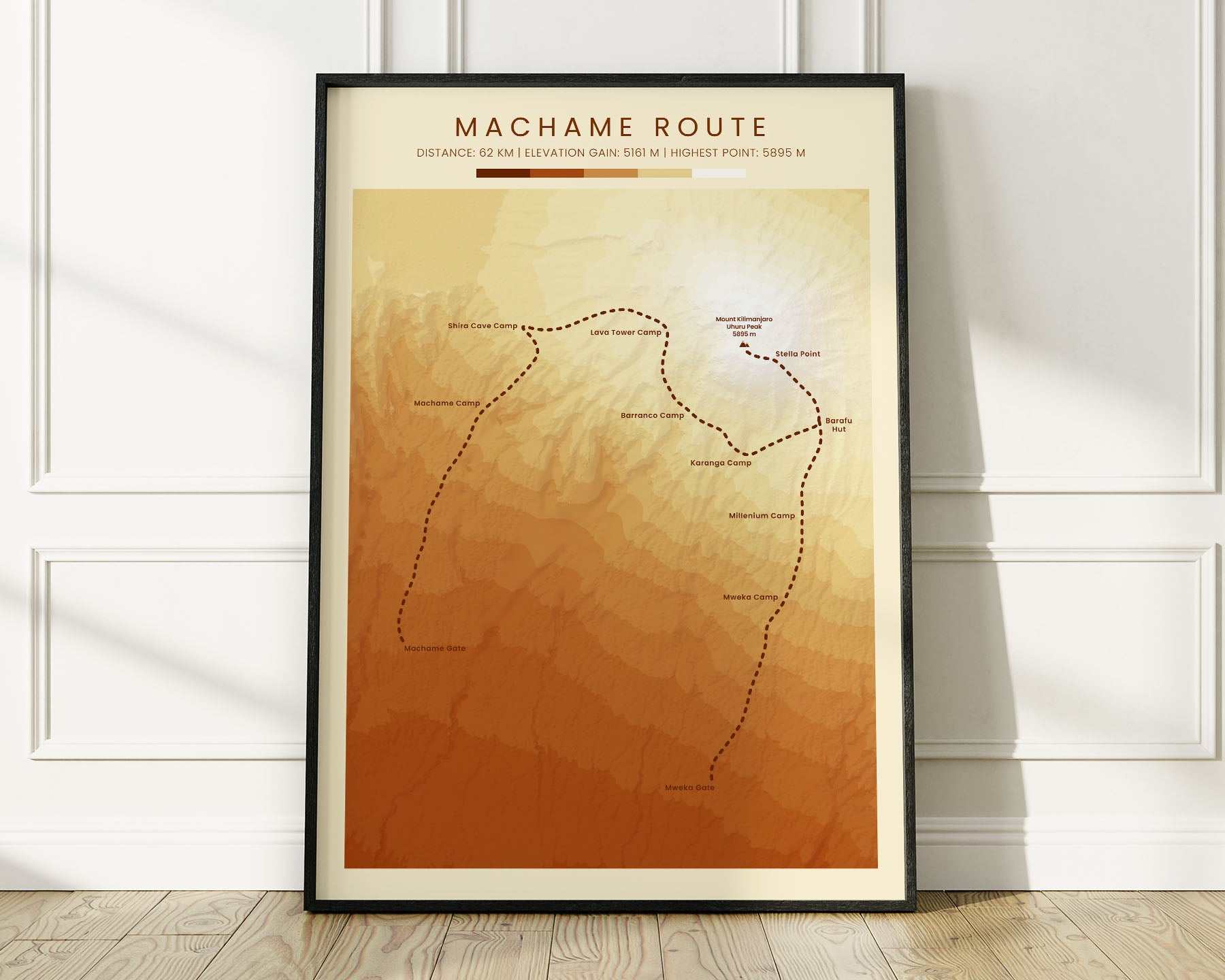 Whiskey Route (Mount Kilimanjaro) Walking Print with Vintage Orange Background