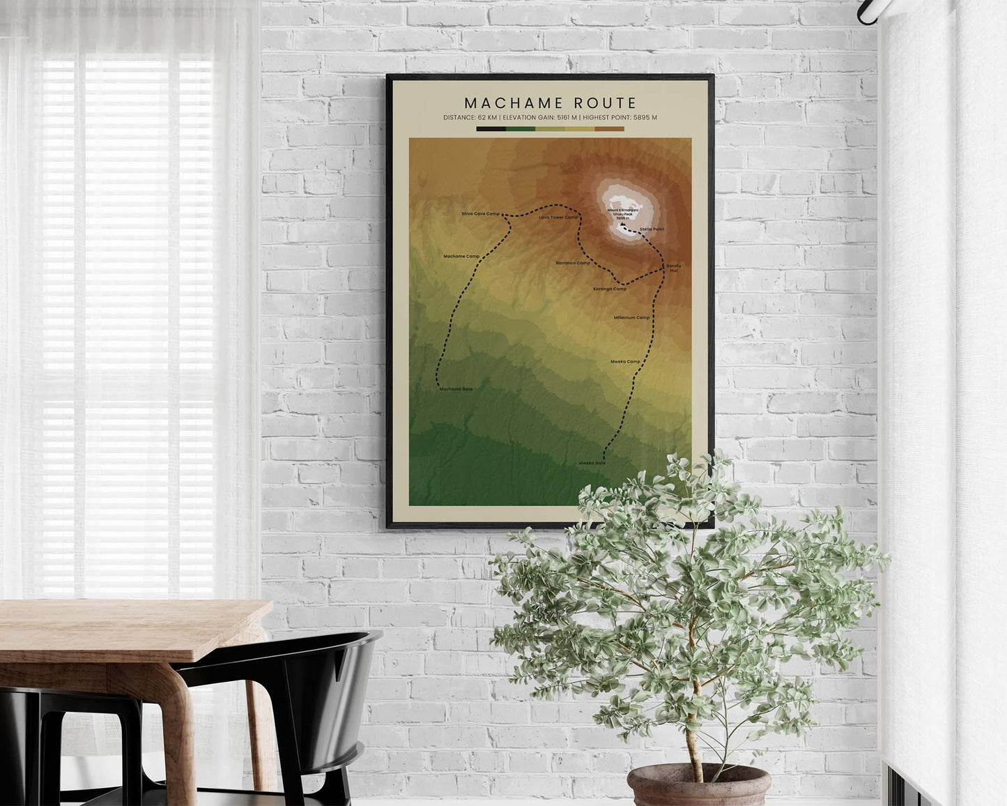 Machame Mount Kilimanjaro Trek (Africa) Hike Poster with Topographic Map in Modern Dining Room Decor