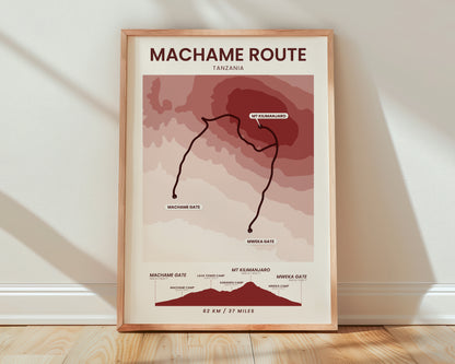 Machame Route (Mt Kilimanjaro) Topographic Map Poster Print with Red Background