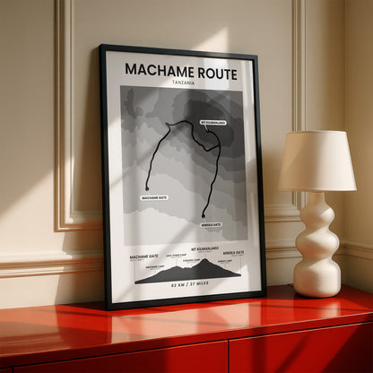 Machame Route (Mount Kilimanjaro) Elevation Map Wall Decor with Black Background
