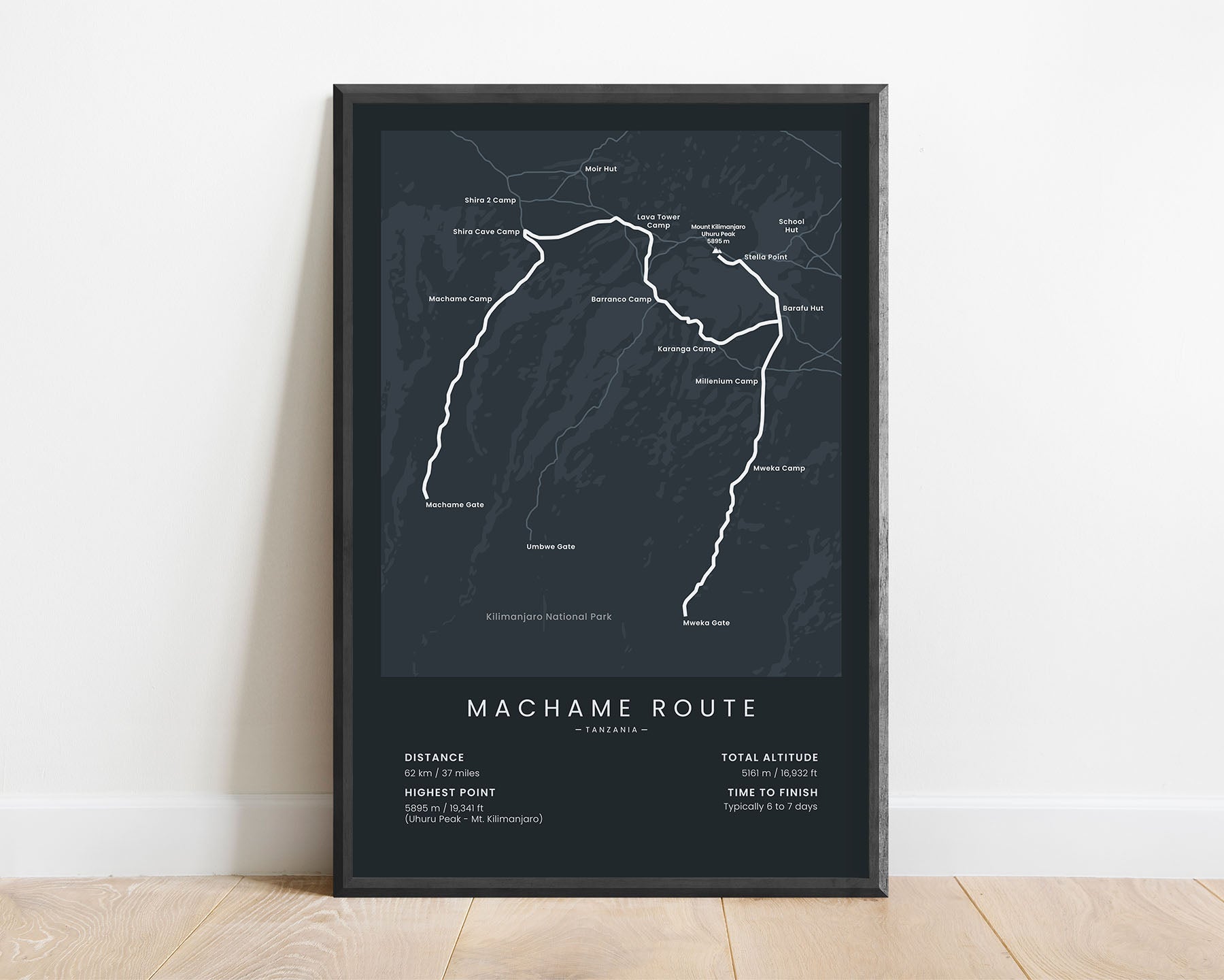 Machame Mount Kilimanjaro Trek (Africa) Trail Wall Art with Black Background