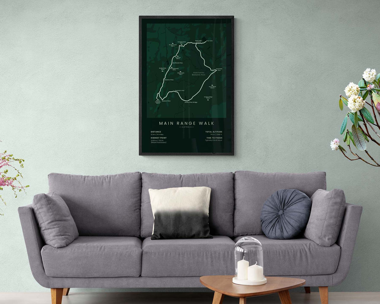 Kosciuszko National Park Loop (Australian Alps) Hike Trail Map Art in minimal room decor