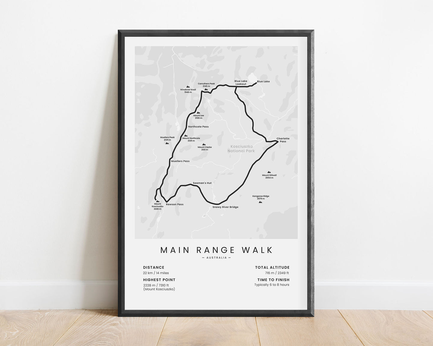 Main Range Walk (Snowy Mountains) Hike Trail Map Art with white background