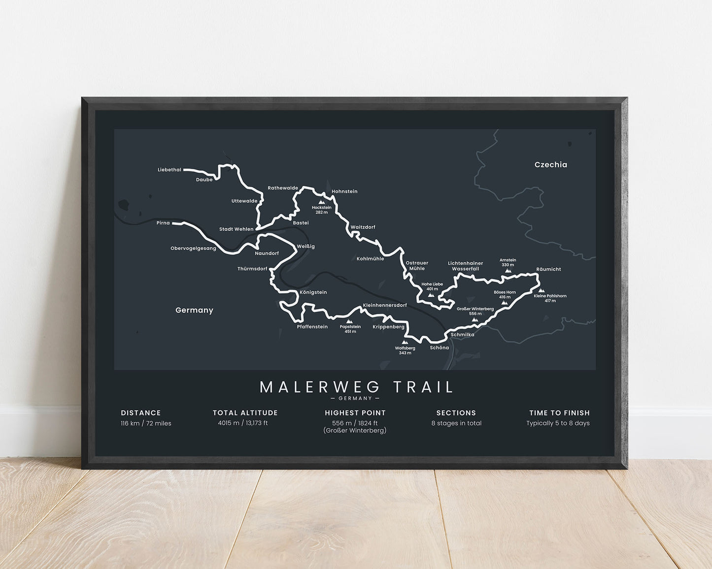 Malerweg Trail (Germany) Route Wall Art with Black Background