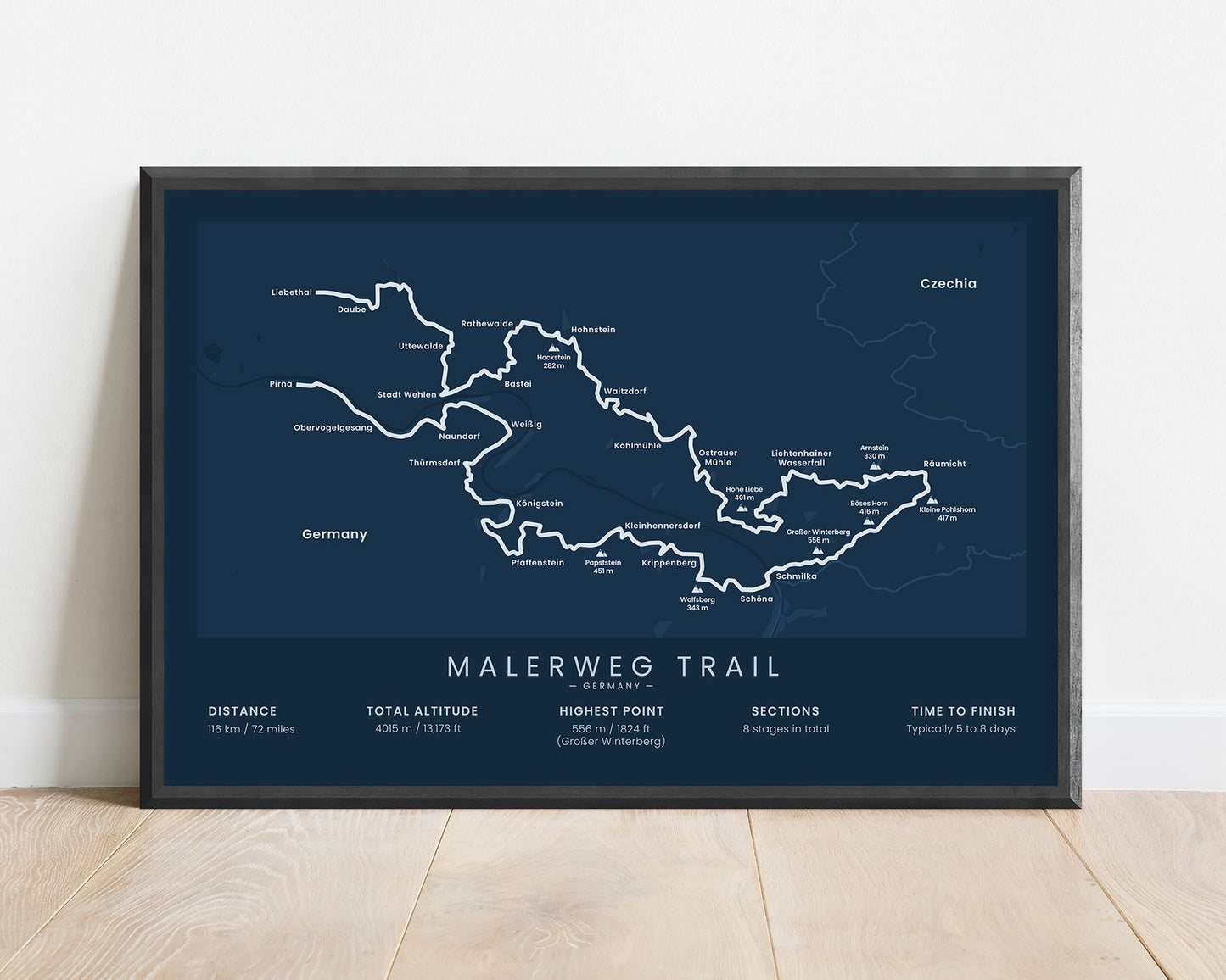 Malerweg Trail (Germany) Route Wall Art with Black Background
