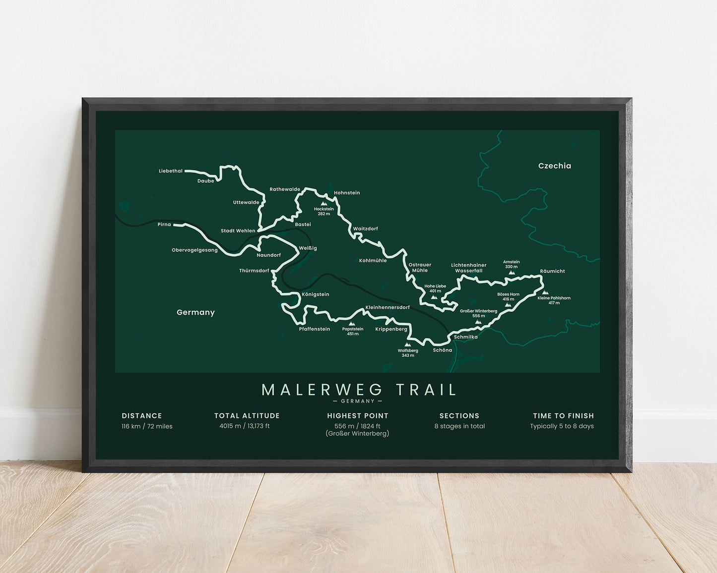 Malerweg Trail (Elbe Sandstone Mountains) Trek Map Art with Green Background