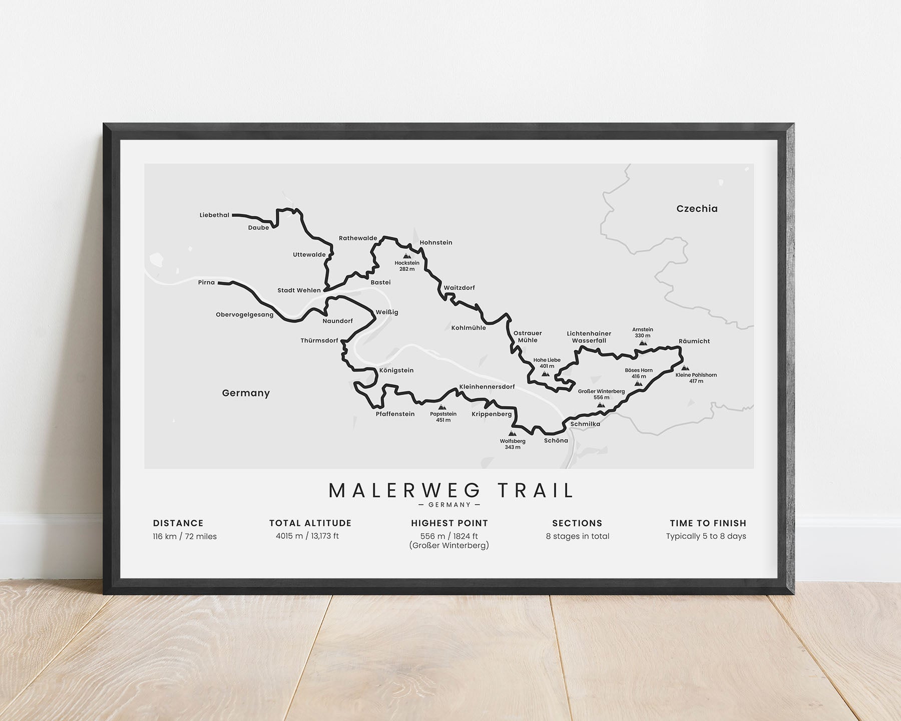 Malerweg Trail (Saxon Switzerland) Wall Map with White Background