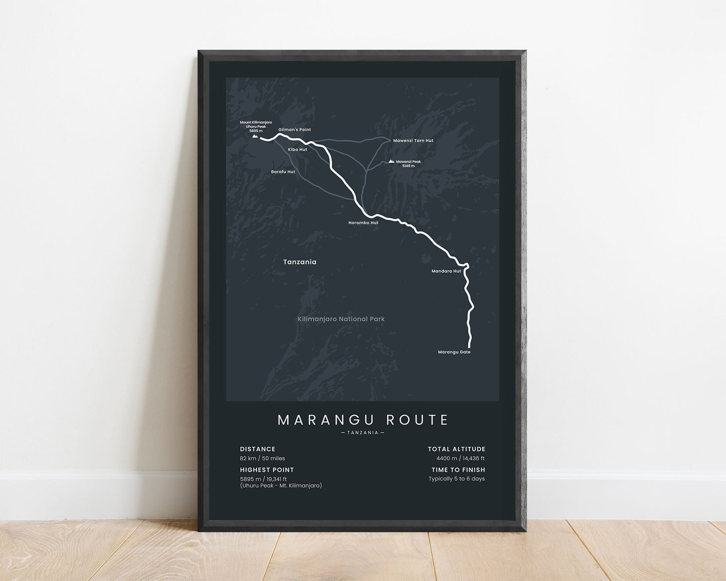 Marangu Route (Uhuru Peak) Hike Wall Decor with Black Background