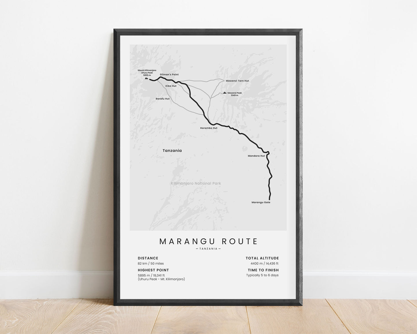 Marangu Route (Mount Kilimanjaro) Trail Wall Map with White Background