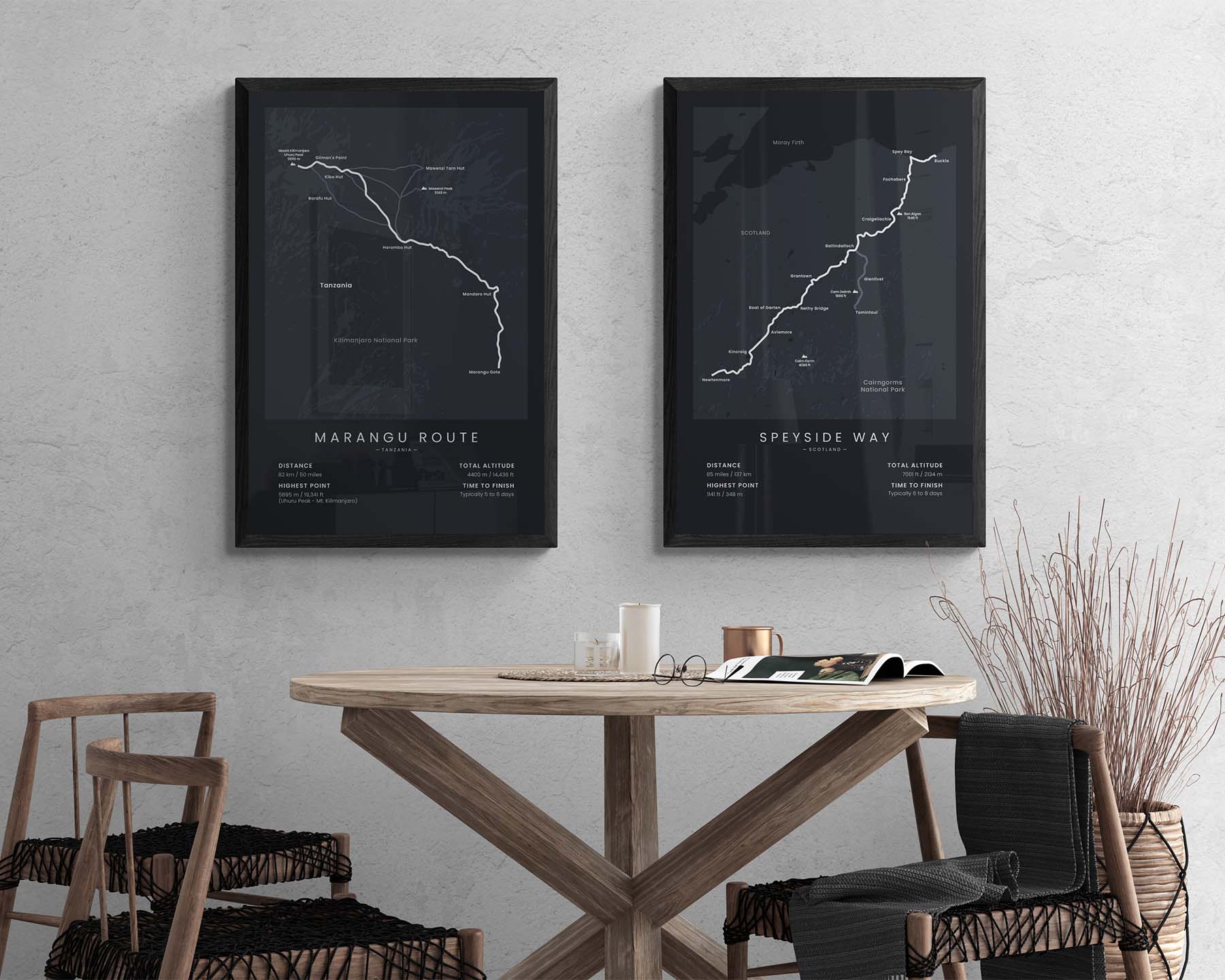 Marangu Route (Mount Kilimanjaro) Path Map Art in Minimal Room Decor