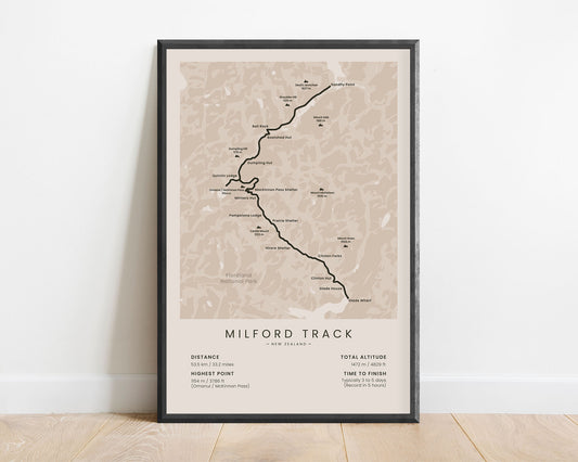 The Finest Walk in the World (South New Zealand) track wall map with beige background
