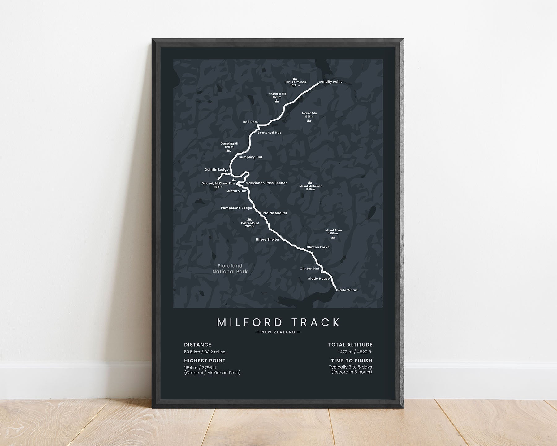 Milford Track (South Island) trek print with black background