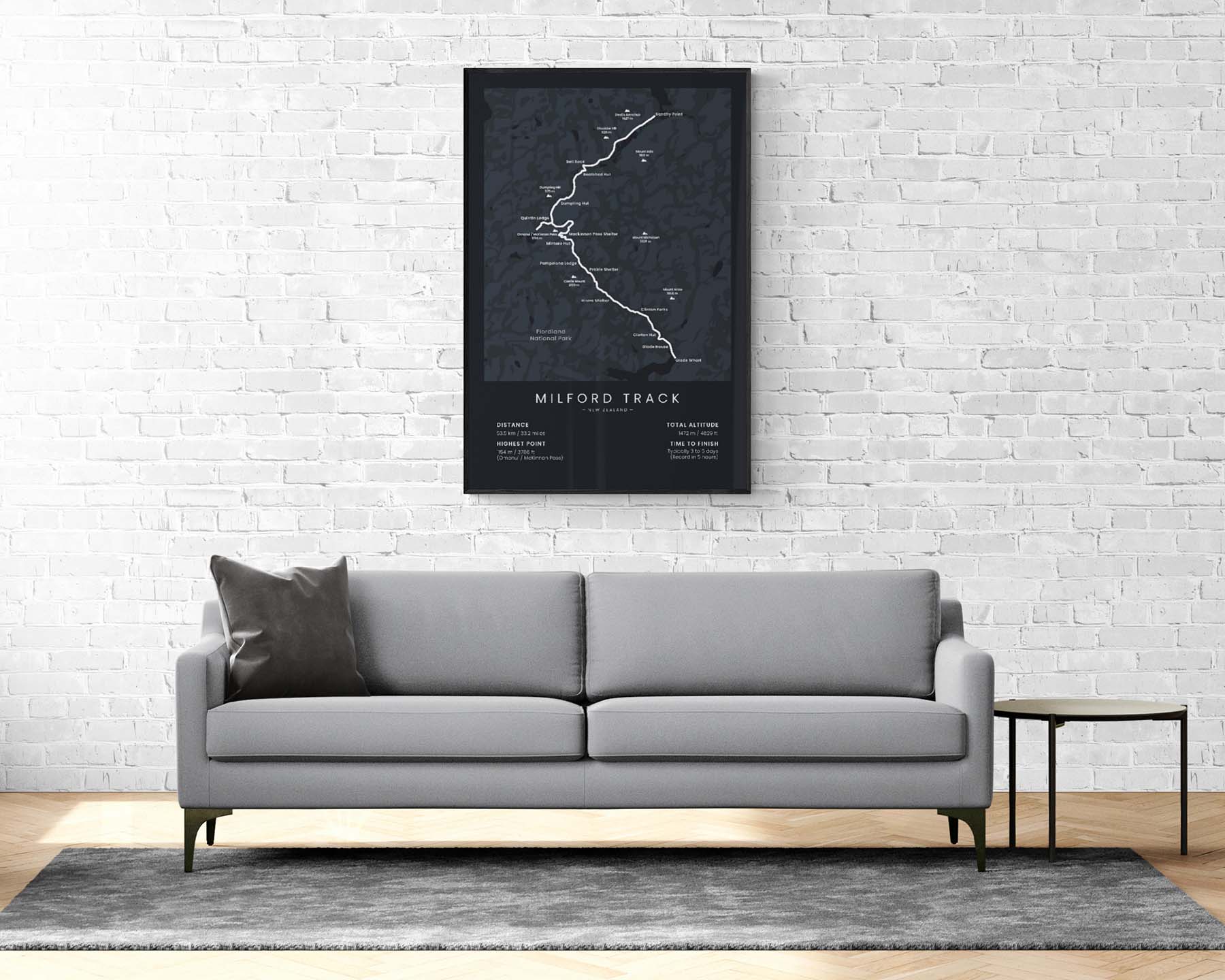 The Finest Walk in the World (South Island) hiking trail map art in minimal room decor